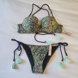 Victoria's Secret Paisley Tassel Bikini 32C Bottom XS New Boho Festival